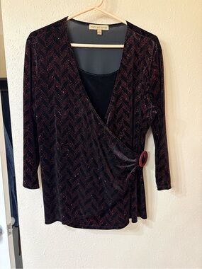 Notations Black Wrap Top with Red Dot Chevron and Buckle